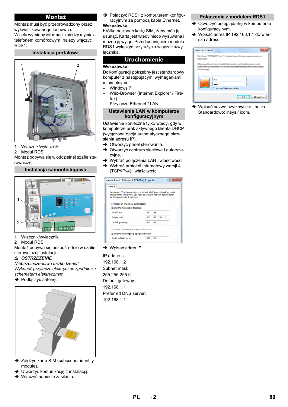 Montaż, Instalacja portalowa, Instalacja samoobsługowa | Uruchomienie, Ustawienia lan w komputerze konfiguracyjnym, Połączenie z modułem rds1 | Karcher Armoire de lavage SB MB 5-10 User Manual | Page 89 / 96