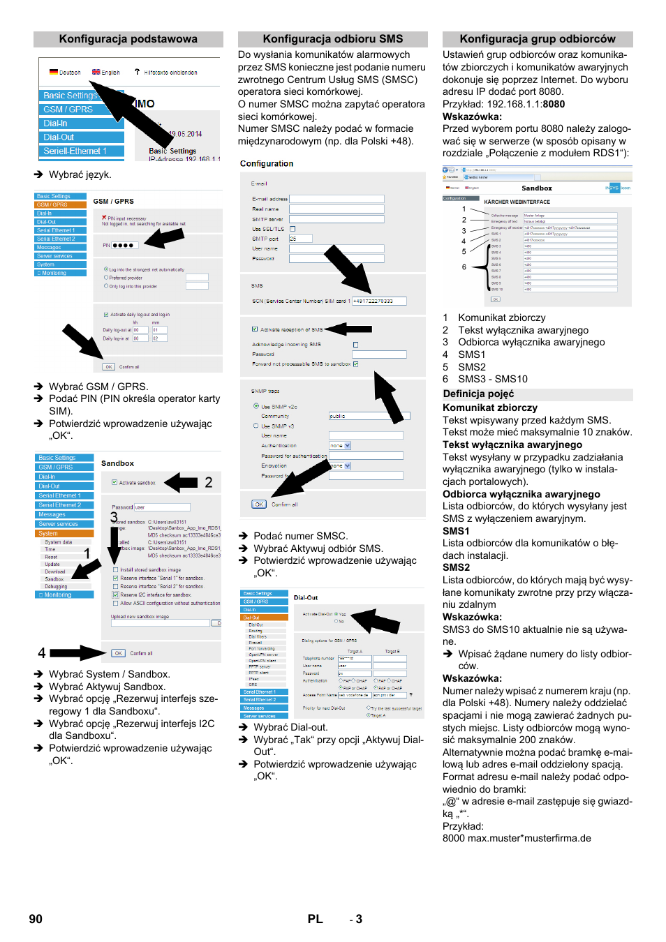 Konfiguracja podstawowa, Konfiguracja odbioru sms, Konfiguracja grup odbiorców | Definicja pojęć | Karcher Armoire de lavage SB MB 5-10 User Manual | Page 90 / 96