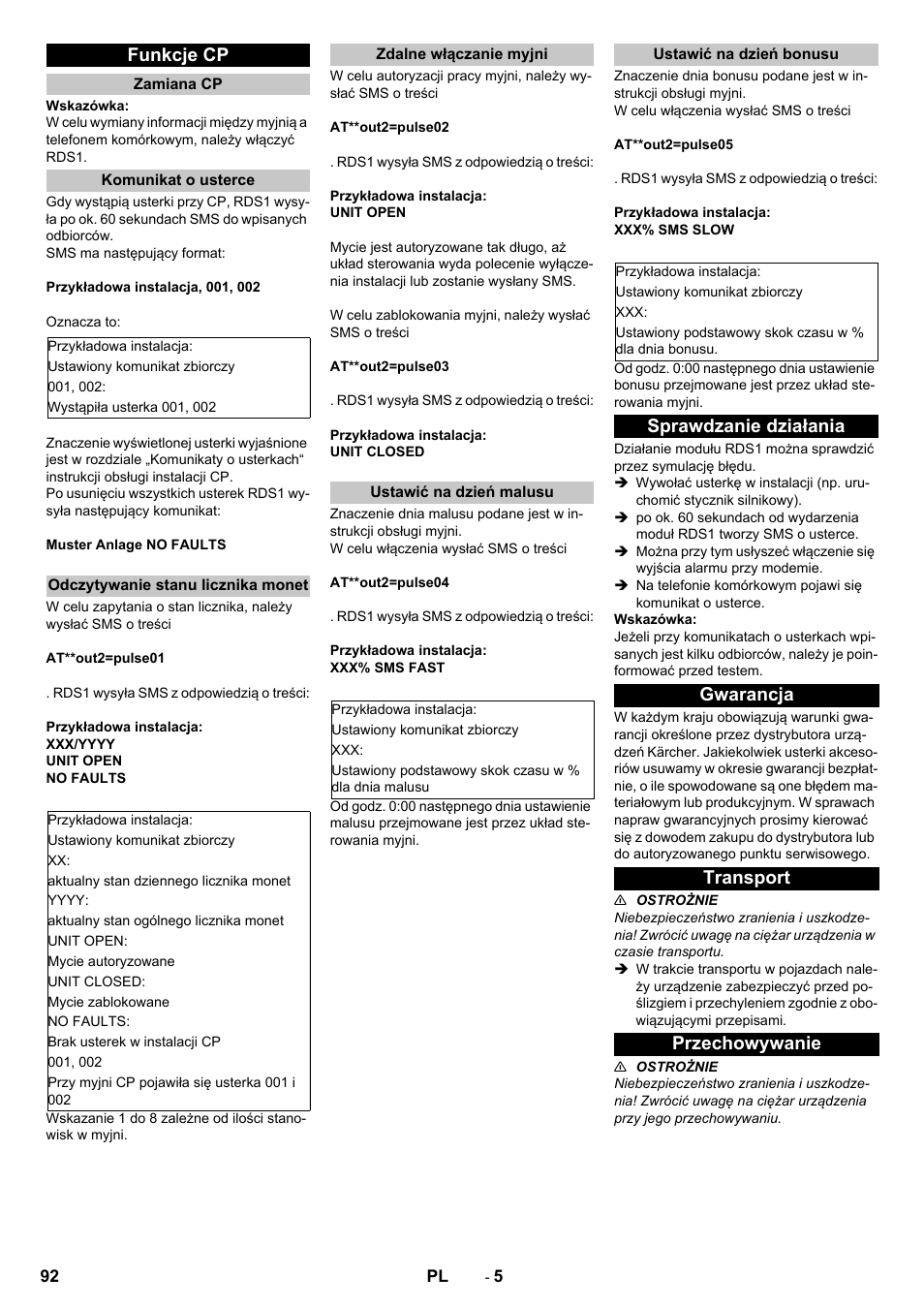 Funkcje cp, Zamiana cp, Komunikat o usterce | Odczytywanie stanu licznika monet, Zdalne włączanie myjni, Ustawić na dzień malusu, Ustawić na dzień bonusu, Sprawdzanie działania, Gwarancja, Transport | Karcher Armoire de lavage SB MB 5-10 User Manual | Page 92 / 96