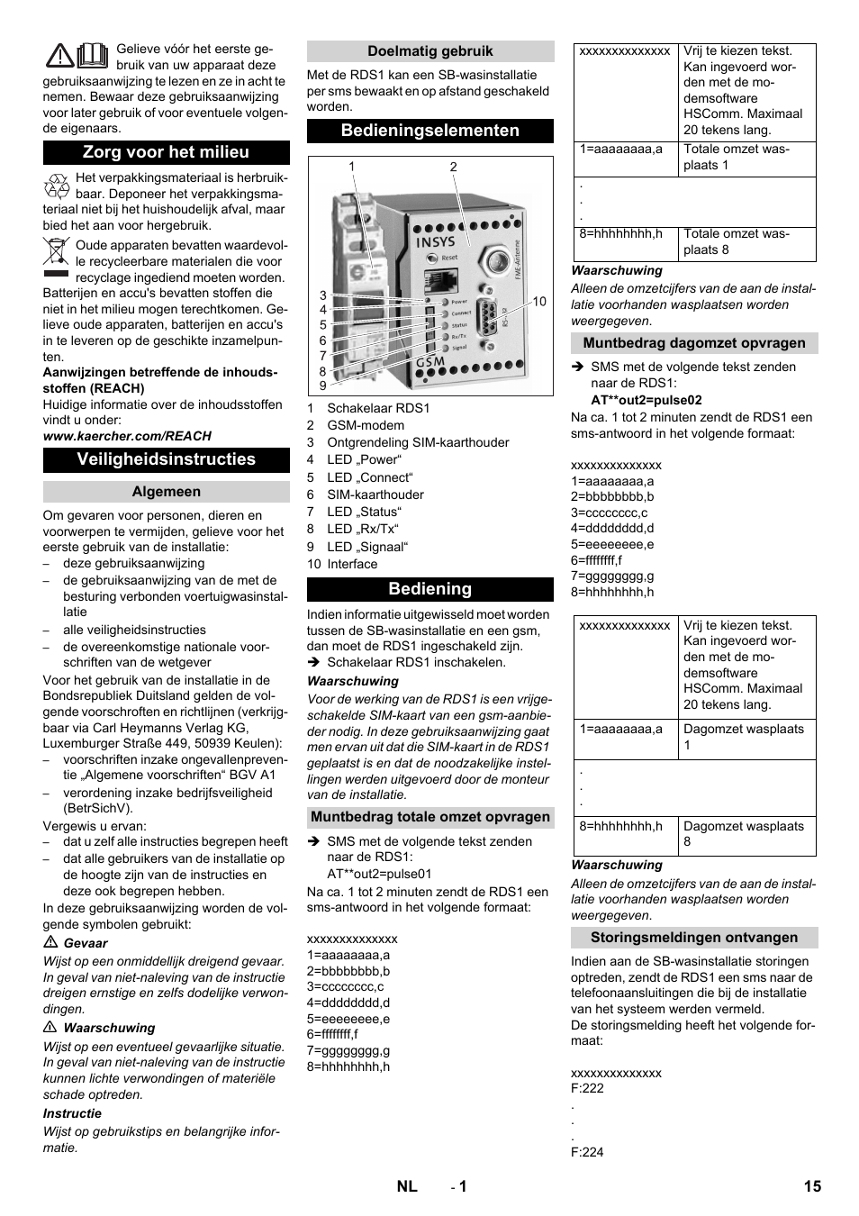 Nederlands, Zorg voor het milieu veiligheidsinstructies, Bedieningselementen bediening | Karcher Armoire de lavage SB MB 5-10 User Manual | Page 15 / 48