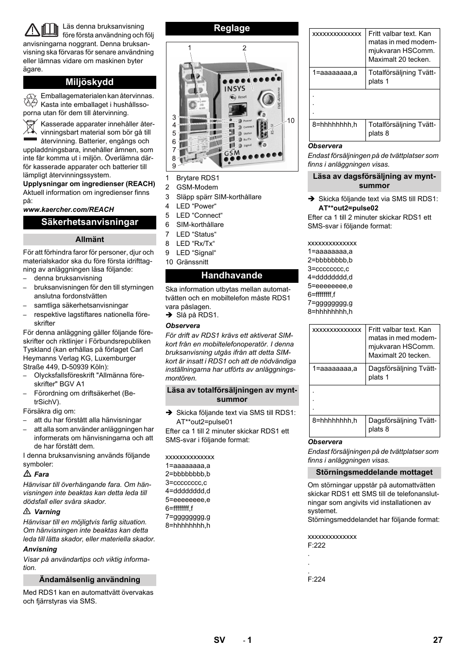 Svenska, Miljöskydd säkerhetsanvisningar, Reglage handhavande | Karcher Armoire de lavage SB MB 5-10 User Manual | Page 27 / 48