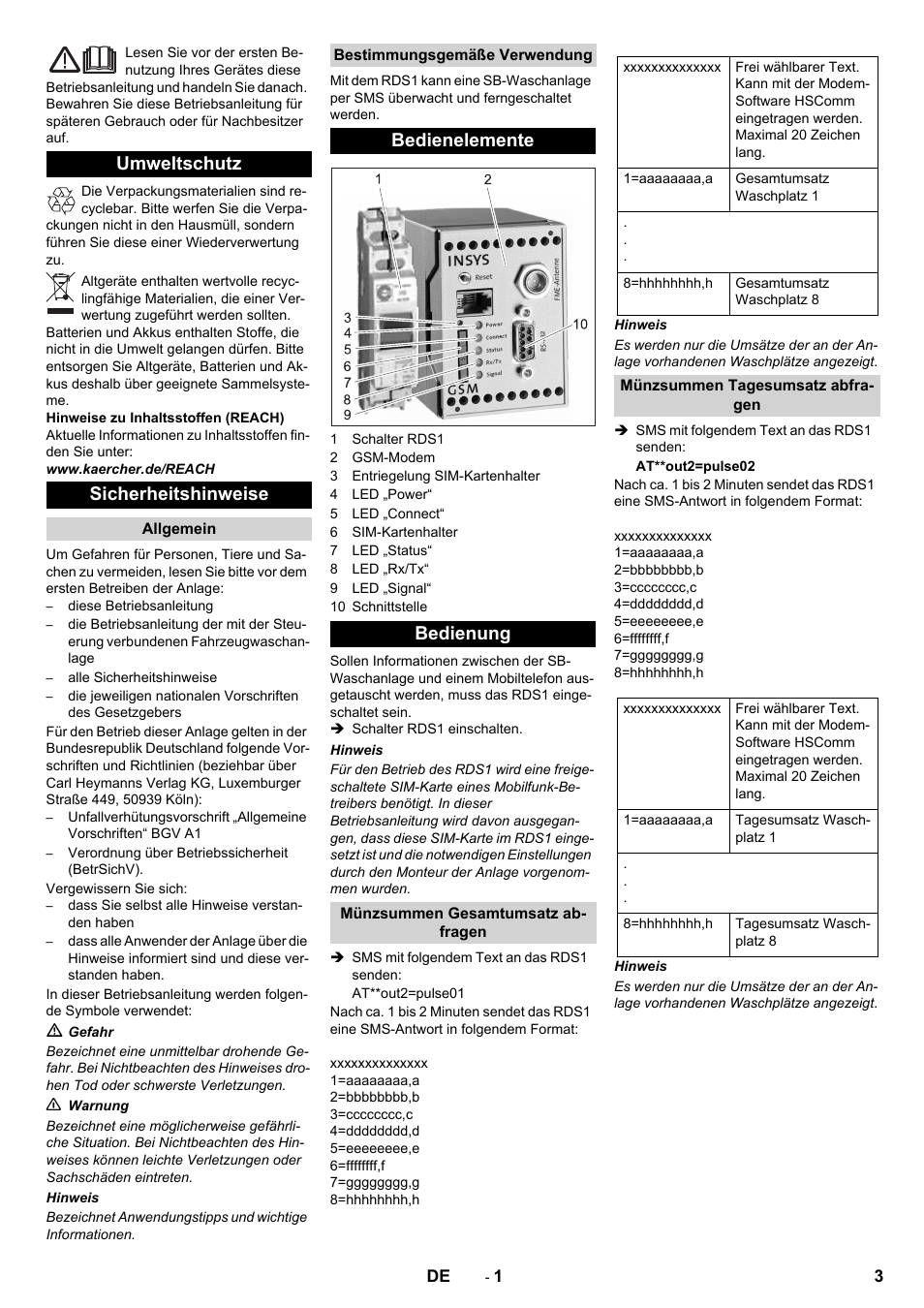 Deutsch, Umweltschutz sicherheitshinweise, Bedienelemente bedienung | Karcher Armoire de lavage SB MB 5-10 User Manual | Page 3 / 48