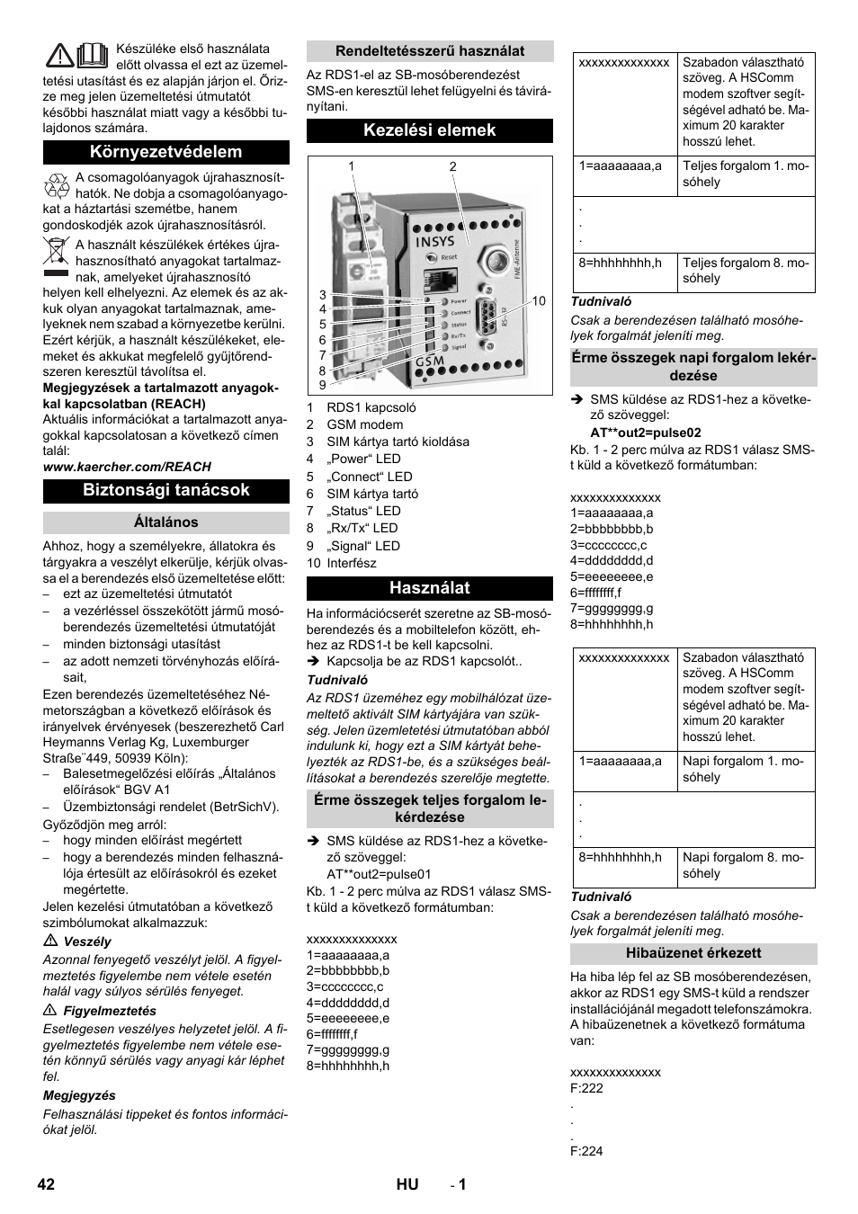 Magyar, Környezetvédelem biztonsági tanácsok, Kezelési elemek használat | Karcher Armoire de lavage SB MB 5-10 User Manual | Page 42 / 48