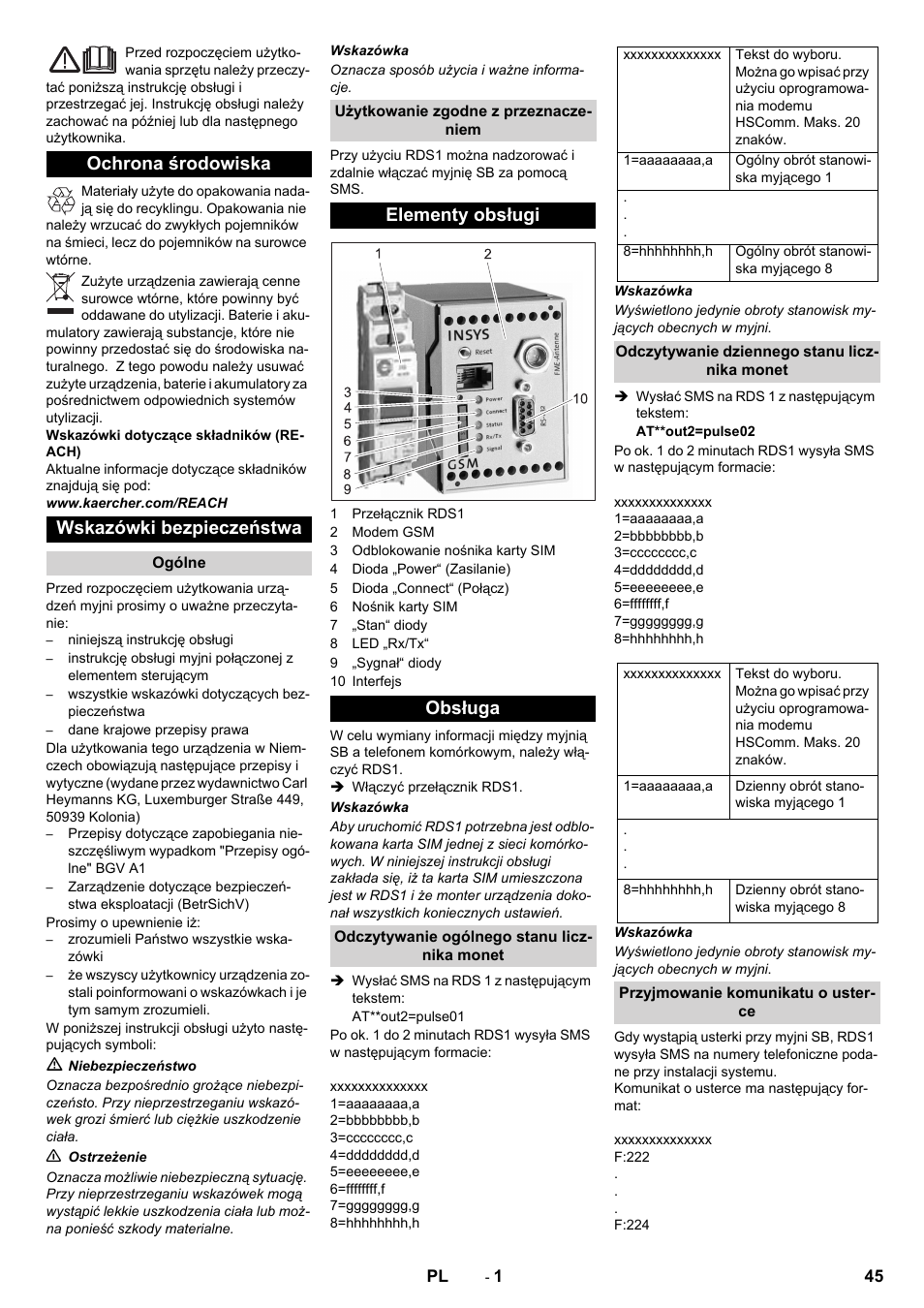 Polski, Ochrona środowiska wskazówki bezpieczeństwa, Elementy obsługi obsługa | Karcher Armoire de lavage SB MB 5-10 User Manual | Page 45 / 48