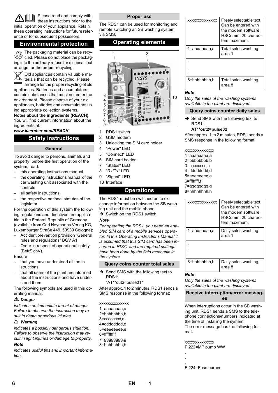English, Environmental protection safety instructions, Operating elements operations | Karcher Armoire de lavage SB MB 5-10 User Manual | Page 6 / 48