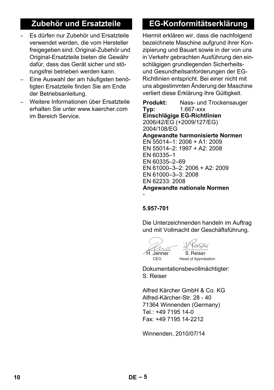 Zubehör und ersatzteile eg-konformitätserklärung | Karcher Aspirateur eau et poussières NT 65-2 Ap Me User Manual | Page 10 / 176