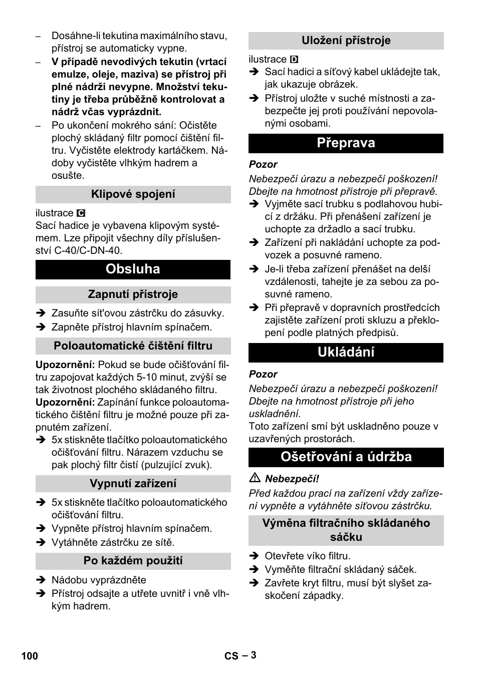 Obsluha, Přeprava ukládání ošetřování a údržba | Karcher Aspirateur eau et poussières NT 65-2 Ap Me User Manual | Page 100 / 176