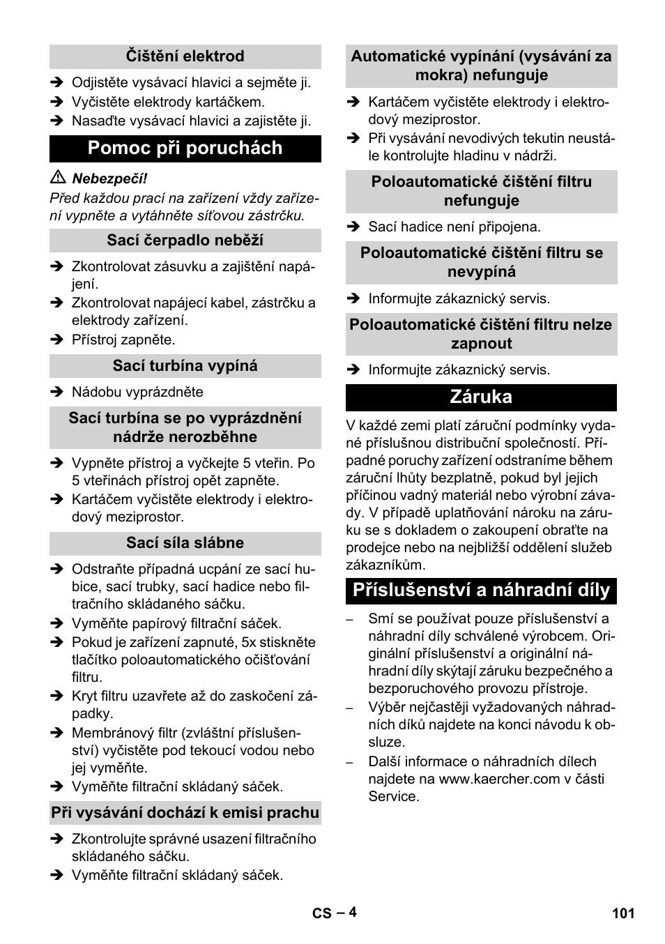 Pomoc při poruchách, Záruka příslušenství a náhradní díly | Karcher Aspirateur eau et poussières NT 65-2 Ap Me User Manual | Page 101 / 176