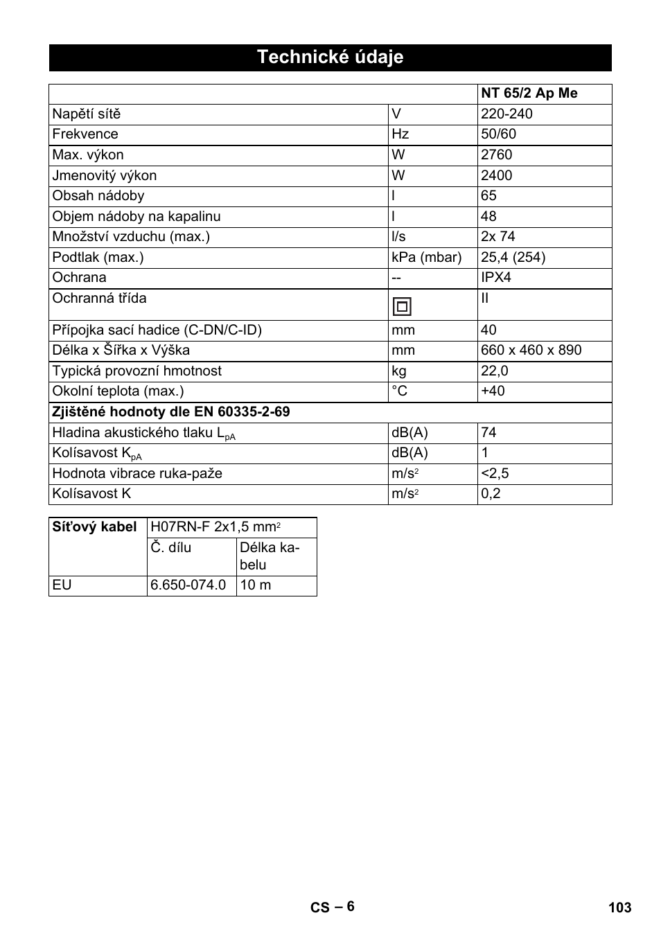 Technické údaje | Karcher Aspirateur eau et poussières NT 65-2 Ap Me User Manual | Page 103 / 176