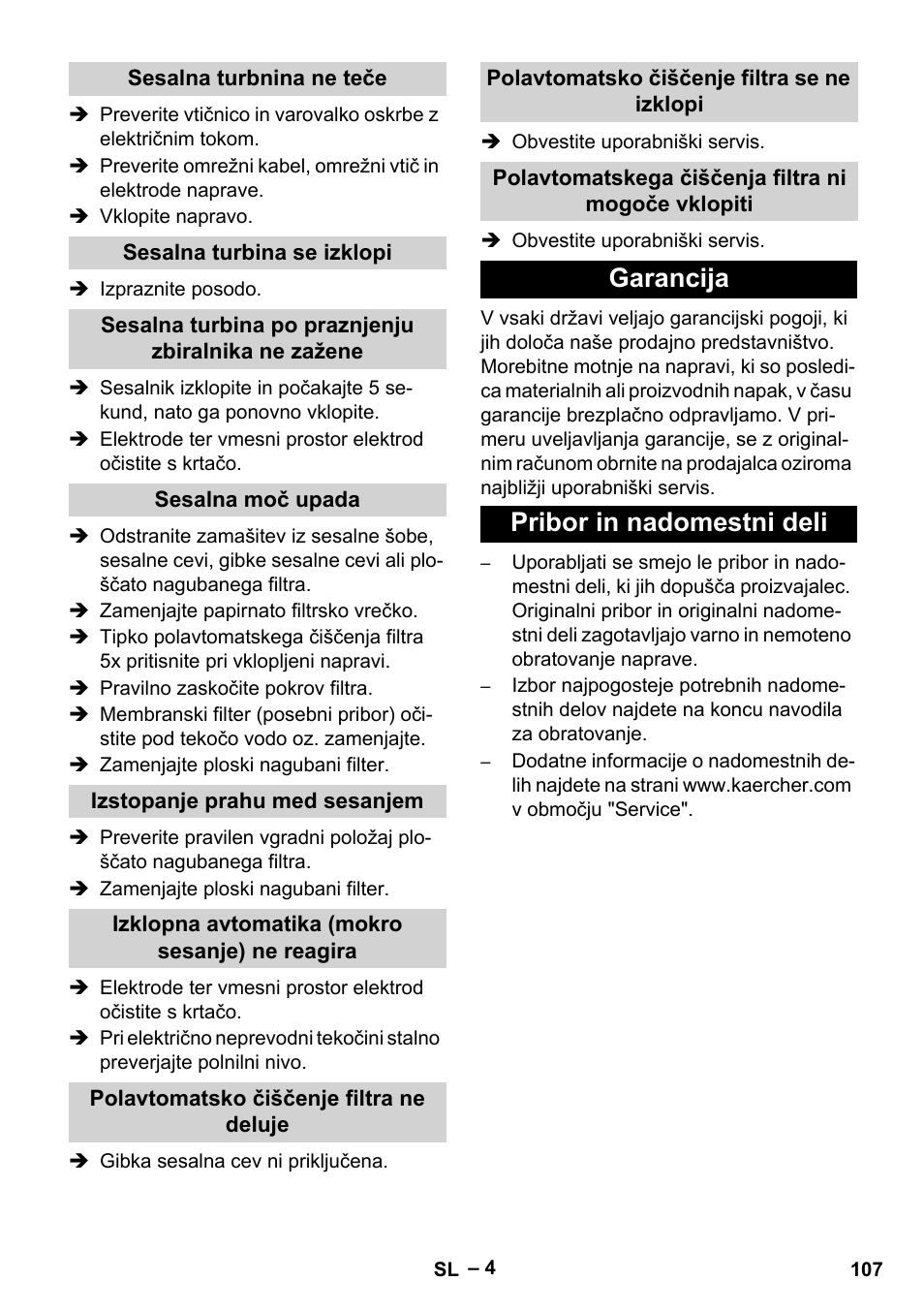 Garancija pribor in nadomestni deli | Karcher Aspirateur eau et poussières NT 65-2 Ap Me User Manual | Page 107 / 176