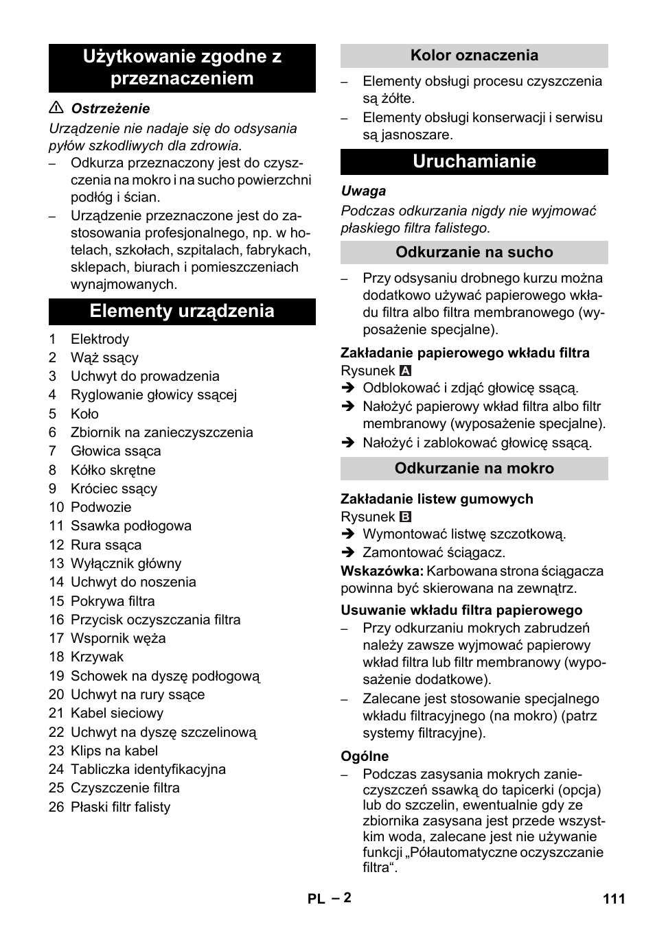 Uruchamianie | Karcher Aspirateur eau et poussières NT 65-2 Ap Me User Manual | Page 111 / 176