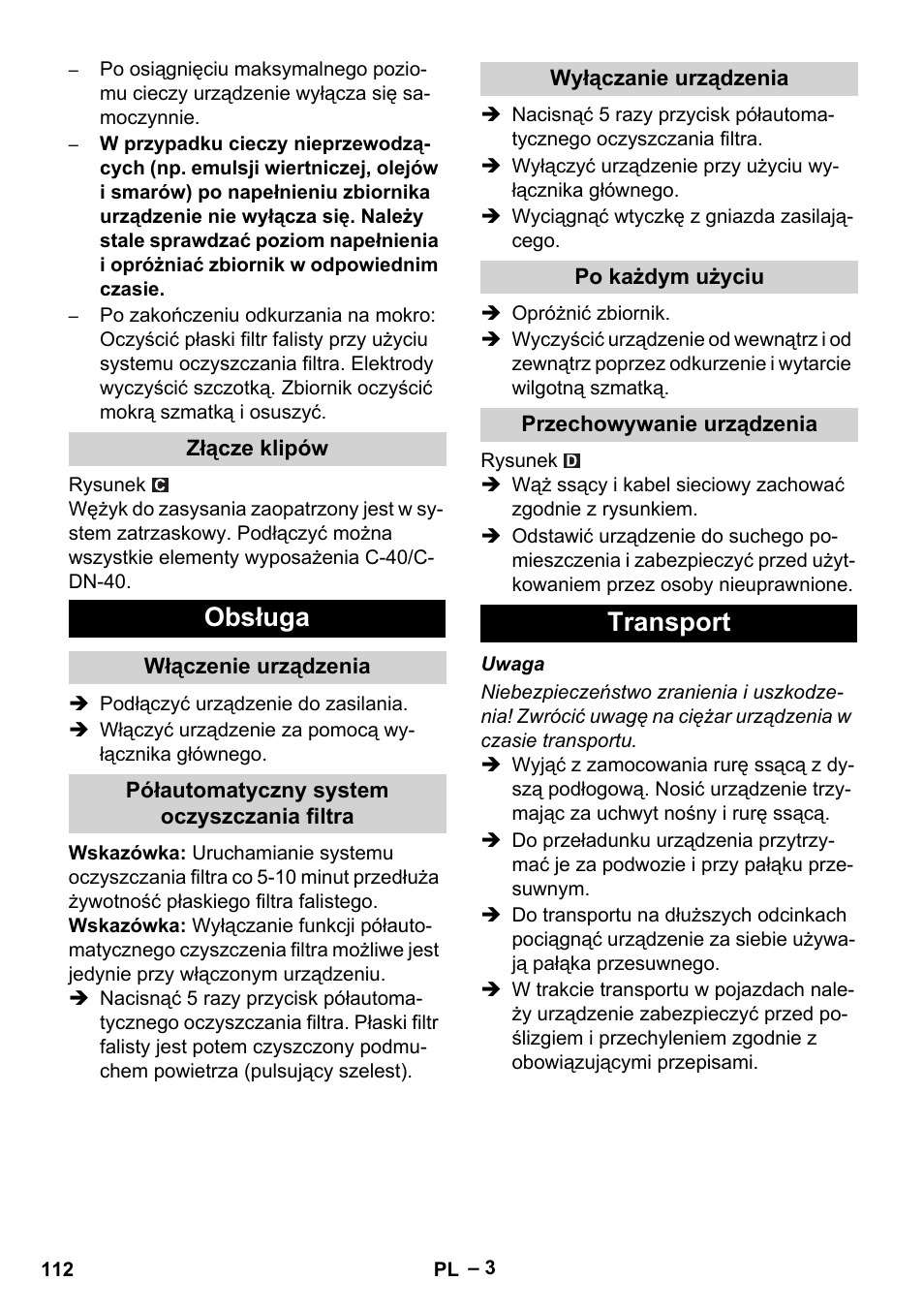Obsługa, Transport | Karcher Aspirateur eau et poussières NT 65-2 Ap Me User Manual | Page 112 / 176