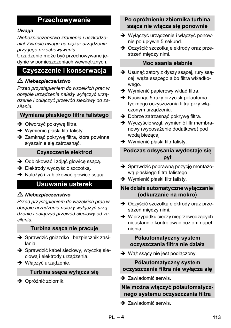 Przechowywanie czyszczenie i konserwacja, Usuwanie usterek | Karcher Aspirateur eau et poussières NT 65-2 Ap Me User Manual | Page 113 / 176