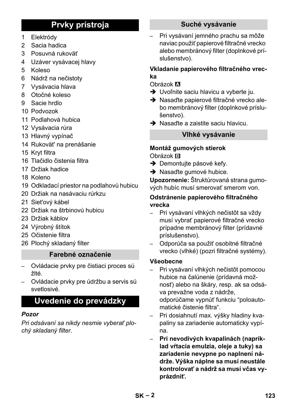 Prvky prístroja, Uvedenie do prevádzky | Karcher Aspirateur eau et poussières NT 65-2 Ap Me User Manual | Page 123 / 176