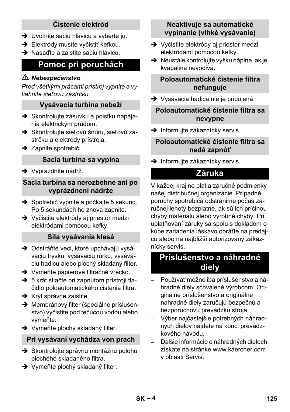 Pomoc pri poruchách, Záruka príslušenstvo a náhradné diely | Karcher Aspirateur eau et poussières NT 65-2 Ap Me User Manual | Page 125 / 176