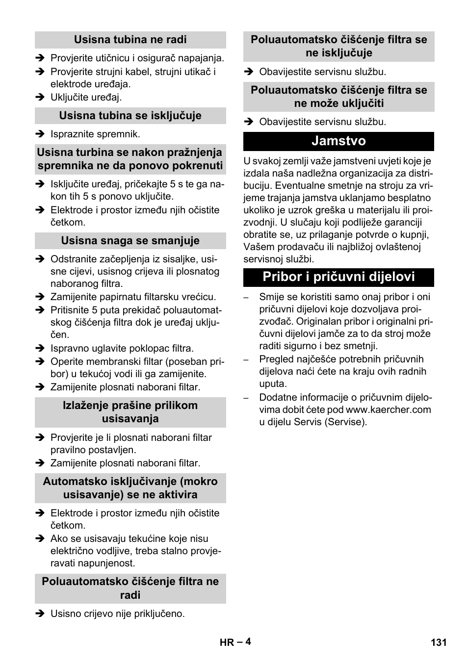 Jamstvo pribor i pričuvni dijelovi | Karcher Aspirateur eau et poussières NT 65-2 Ap Me User Manual | Page 131 / 176