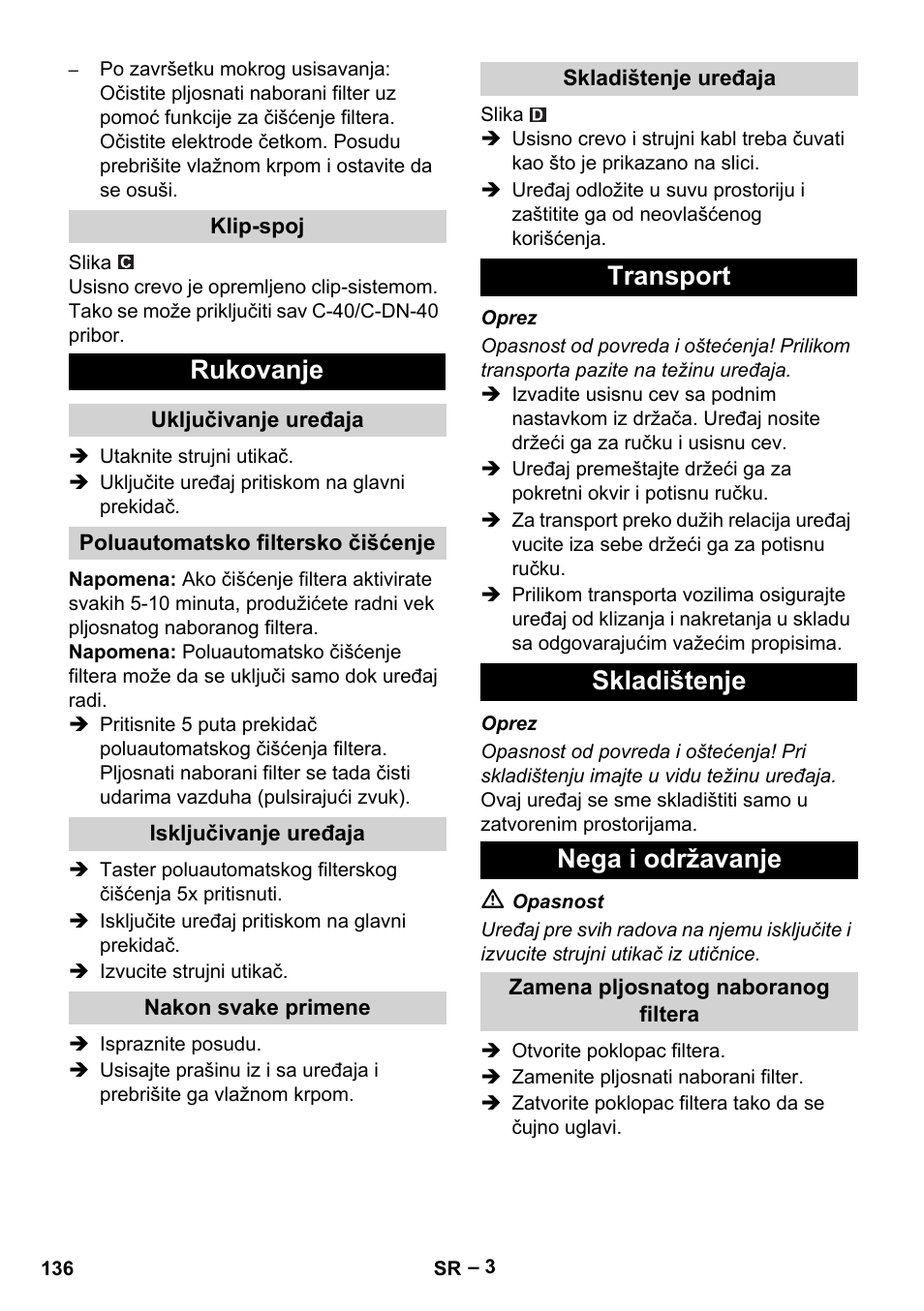 Rukovanje, Transport skladištenje nega i održavanje | Karcher Aspirateur eau et poussières NT 65-2 Ap Me User Manual | Page 136 / 176