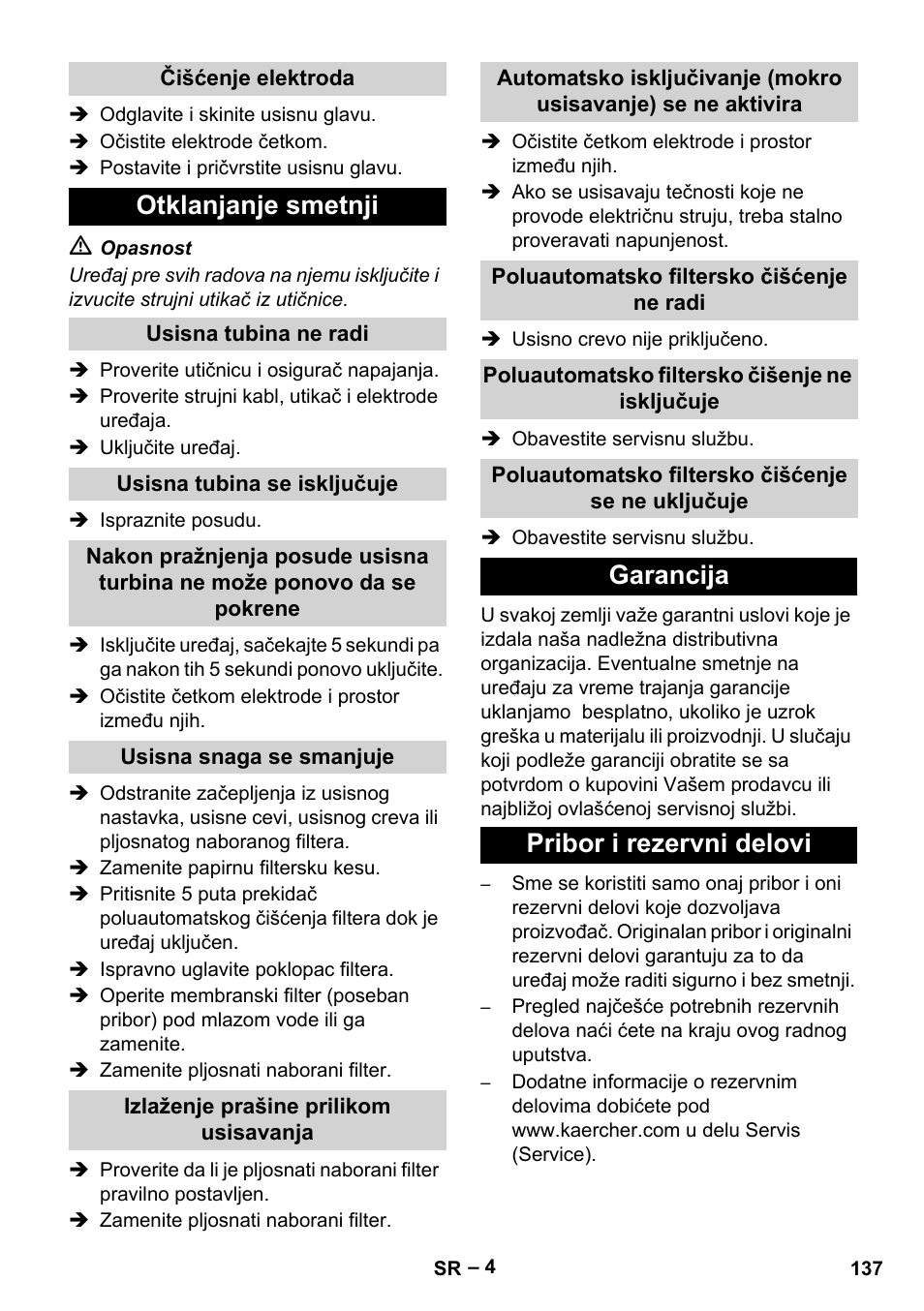 Otklanjanje smetnji, Garancija pribor i rezervni delovi | Karcher Aspirateur eau et poussières NT 65-2 Ap Me User Manual | Page 137 / 176