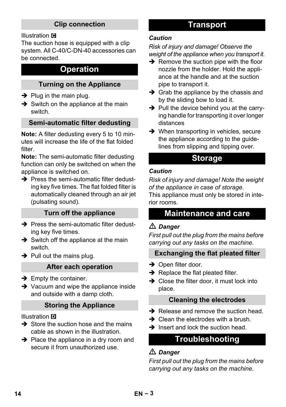 Operation, Transport storage maintenance and care, Troubleshooting | Karcher Aspirateur eau et poussières NT 65-2 Ap Me User Manual | Page 14 / 176