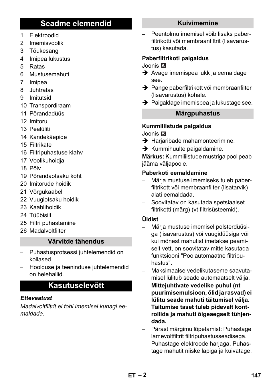 Seadme elemendid, Kasutuselevõtt | Karcher Aspirateur eau et poussières NT 65-2 Ap Me User Manual | Page 147 / 176