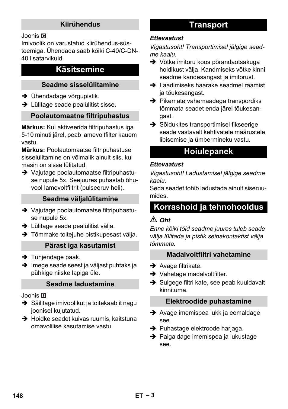 Käsitsemine, Transport hoiulepanek korrashoid ja tehnohooldus | Karcher Aspirateur eau et poussières NT 65-2 Ap Me User Manual | Page 148 / 176