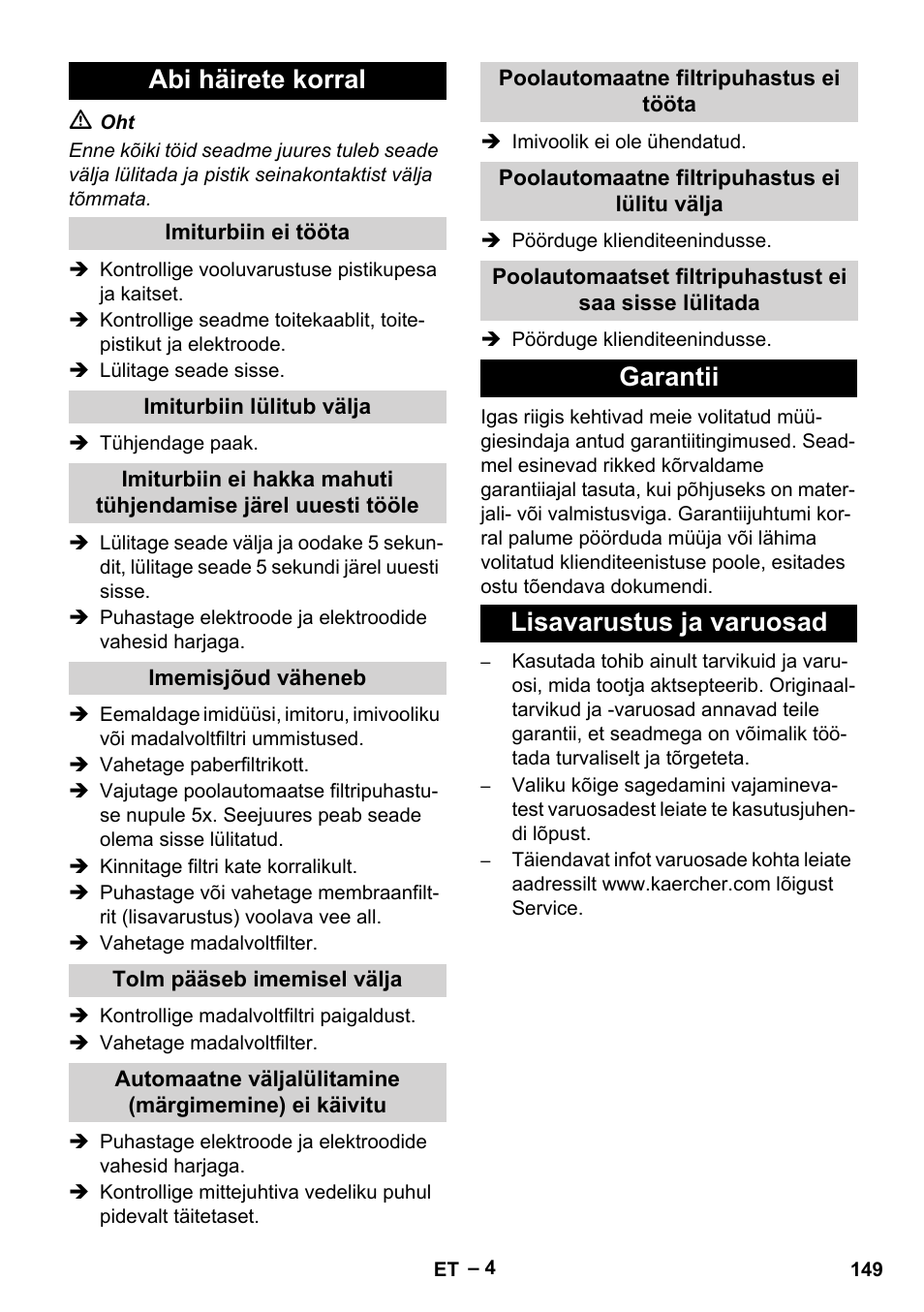 Abi häirete korral, Garantii lisavarustus ja varuosad | Karcher Aspirateur eau et poussières NT 65-2 Ap Me User Manual | Page 149 / 176