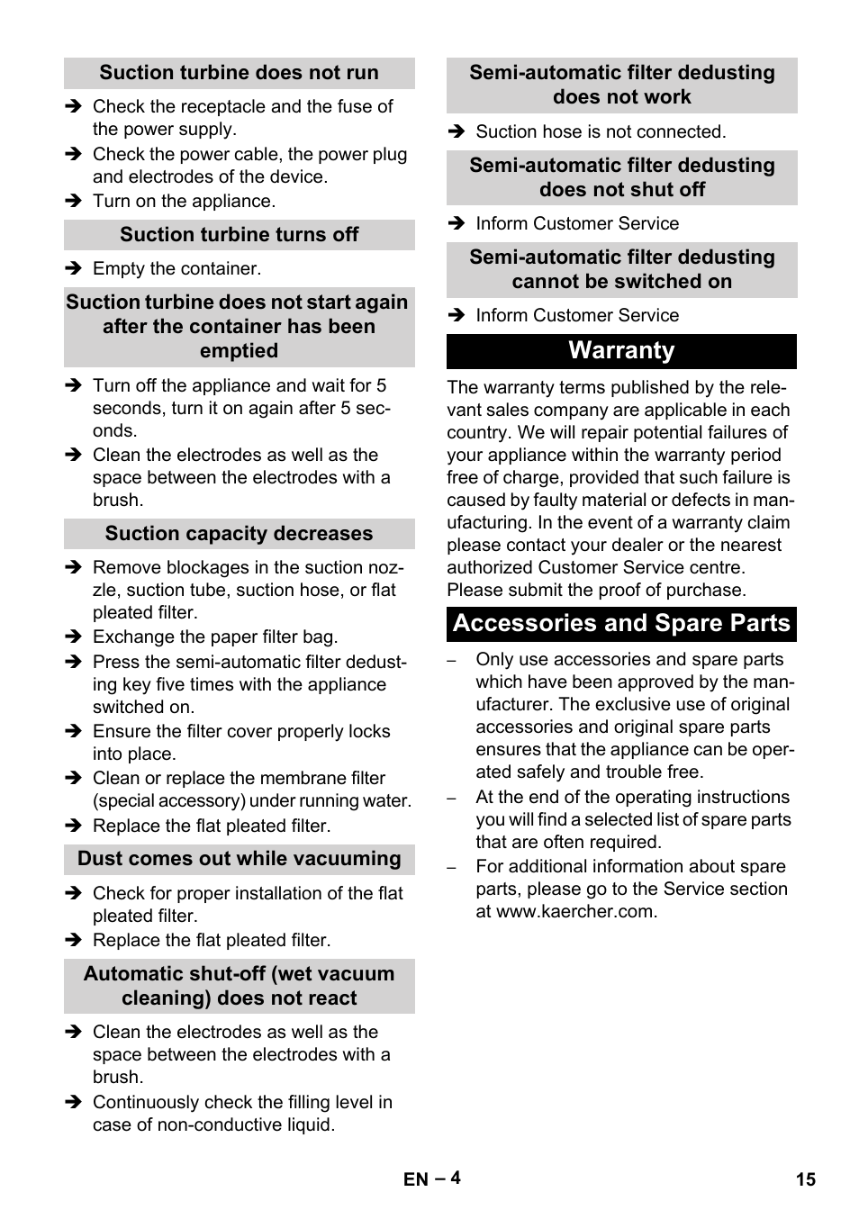 Warranty accessories and spare parts | Karcher Aspirateur eau et poussières NT 65-2 Ap Me User Manual | Page 15 / 176