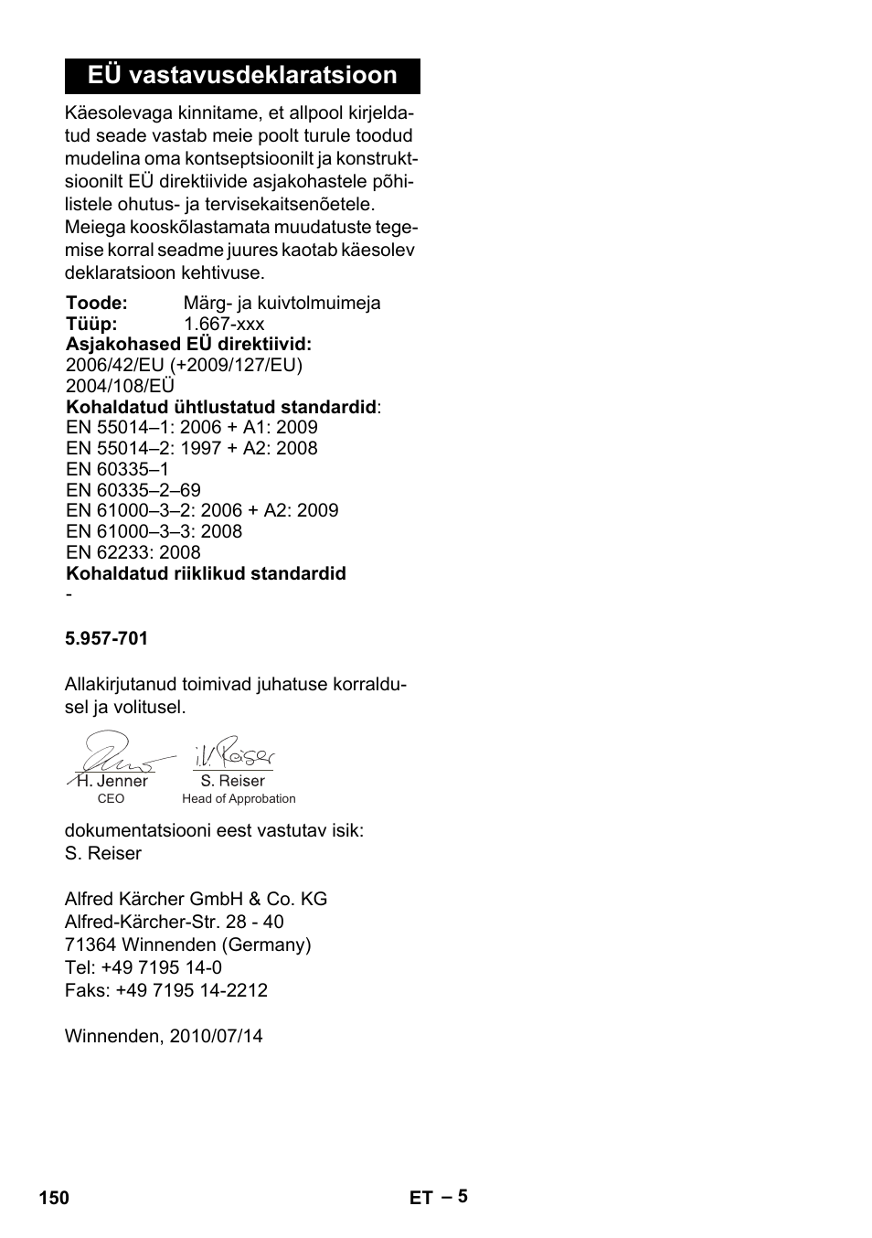 Eü vastavusdeklaratsioon | Karcher Aspirateur eau et poussières NT 65-2 Ap Me User Manual | Page 150 / 176