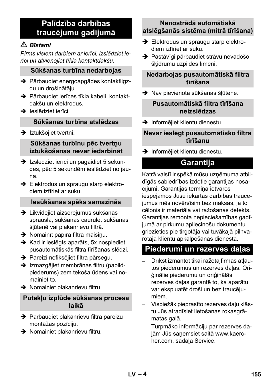 Palīdzība darbības traucējumu gadījumā, Garantija piederumi un rezerves daļas | Karcher Aspirateur eau et poussières NT 65-2 Ap Me User Manual | Page 155 / 176