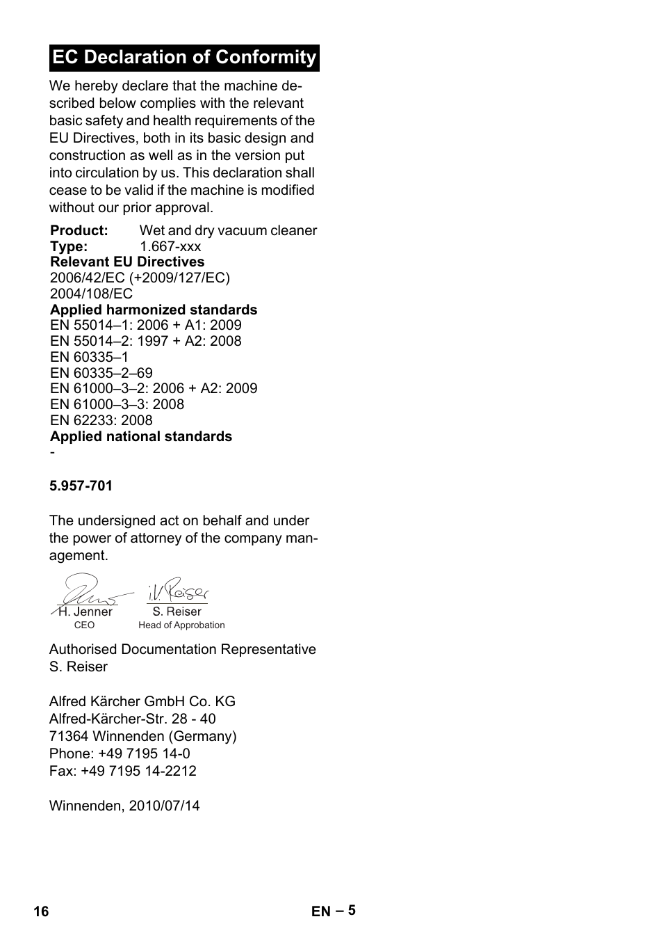 Ec declaration of conformity | Karcher Aspirateur eau et poussières NT 65-2 Ap Me User Manual | Page 16 / 176