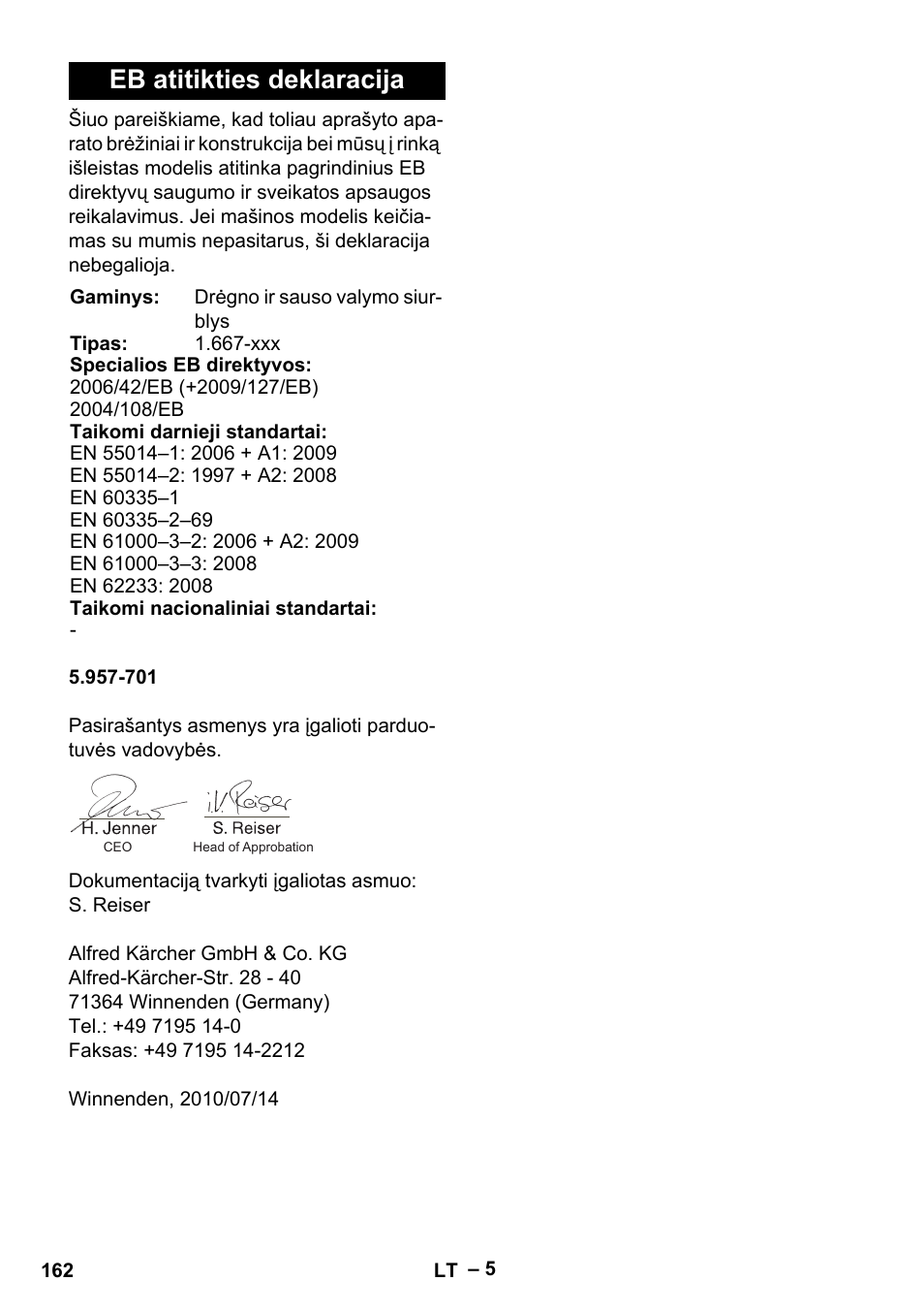 Eb atitikties deklaracija | Karcher Aspirateur eau et poussières NT 65-2 Ap Me User Manual | Page 162 / 176