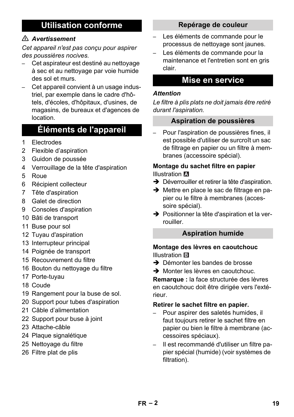 Utilisation conforme éléments de l'appareil, Mise en service | Karcher Aspirateur eau et poussières NT 65-2 Ap Me User Manual | Page 19 / 176