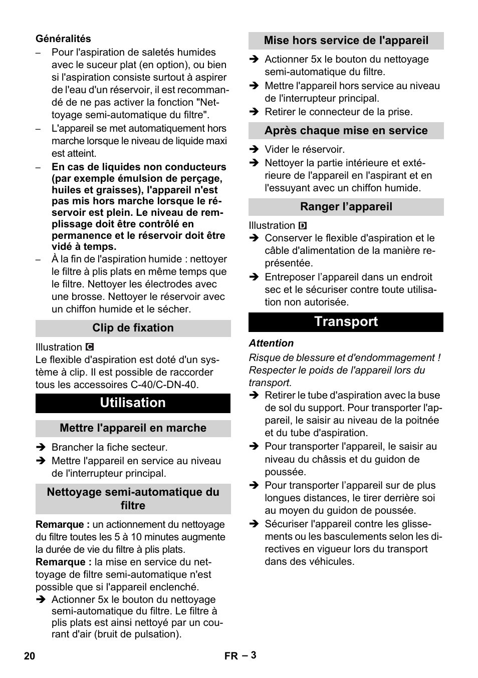 Utilisation, Transport | Karcher Aspirateur eau et poussières NT 65-2 Ap Me User Manual | Page 20 / 176