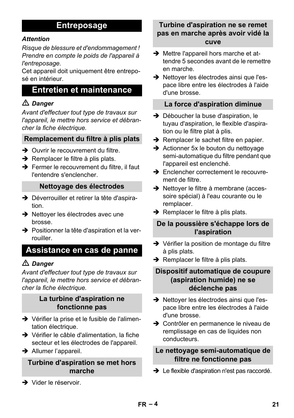 Entreposage entretien et maintenance, Assistance en cas de panne | Karcher Aspirateur eau et poussières NT 65-2 Ap Me User Manual | Page 21 / 176