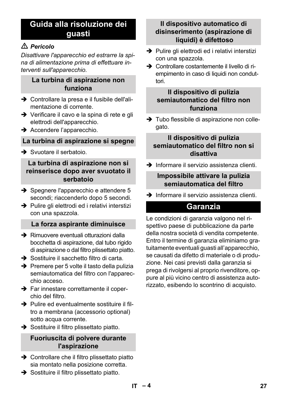 Guida alla risoluzione dei guasti, Garanzia | Karcher Aspirateur eau et poussières NT 65-2 Ap Me User Manual | Page 27 / 176