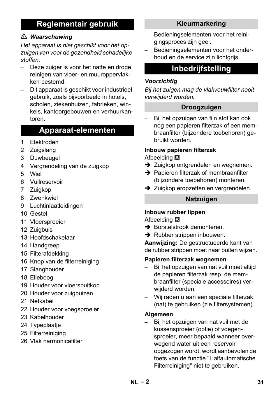 Reglementair gebruik apparaat-elementen, Inbedrijfstelling | Karcher Aspirateur eau et poussières NT 65-2 Ap Me User Manual | Page 31 / 176