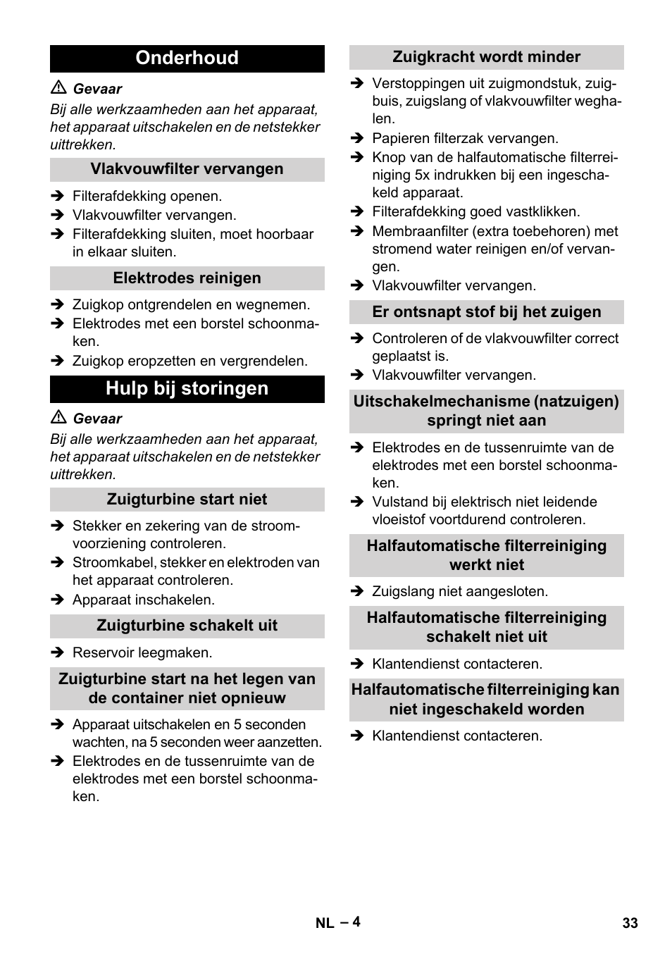 Onderhoud, Hulp bij storingen | Karcher Aspirateur eau et poussières NT 65-2 Ap Me User Manual | Page 33 / 176