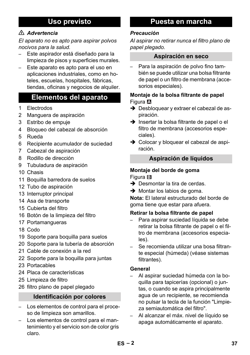 Uso previsto elementos del aparato, Puesta en marcha | Karcher Aspirateur eau et poussières NT 65-2 Ap Me User Manual | Page 37 / 176