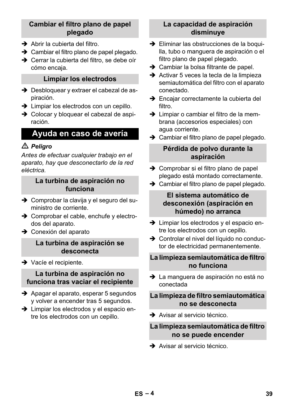 Ayuda en caso de avería | Karcher Aspirateur eau et poussières NT 65-2 Ap Me User Manual | Page 39 / 176