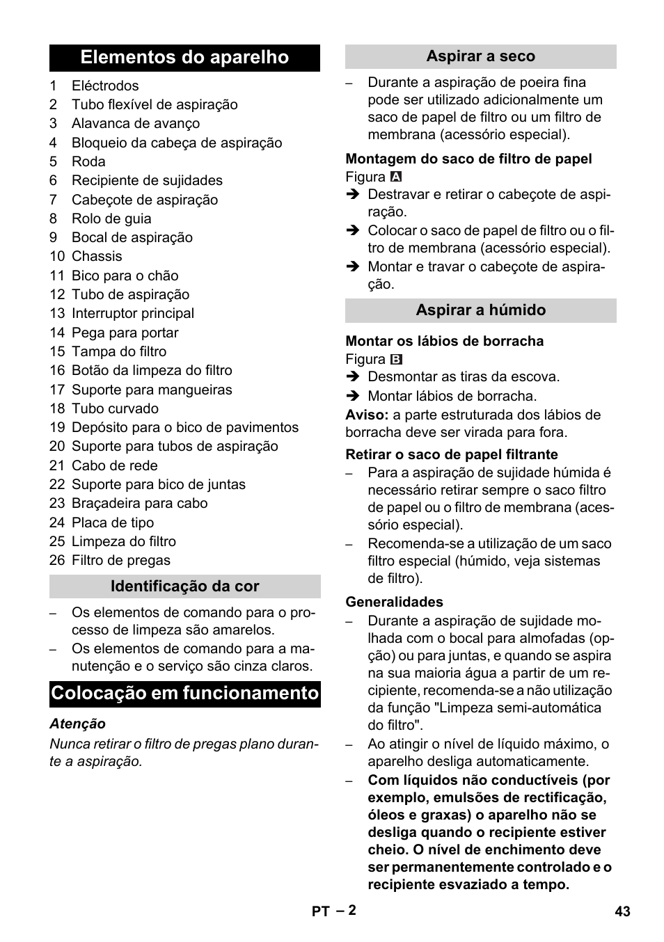 Elementos do aparelho, Colocação em funcionamento | Karcher Aspirateur eau et poussières NT 65-2 Ap Me User Manual | Page 43 / 176