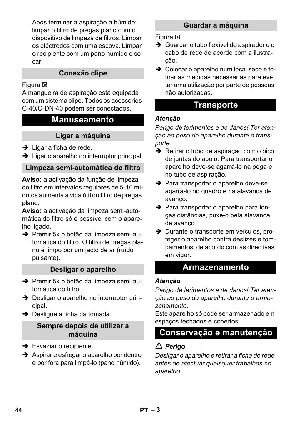 Manuseamento, Transporte armazenamento conservação e manutenção | Karcher Aspirateur eau et poussières NT 65-2 Ap Me User Manual | Page 44 / 176