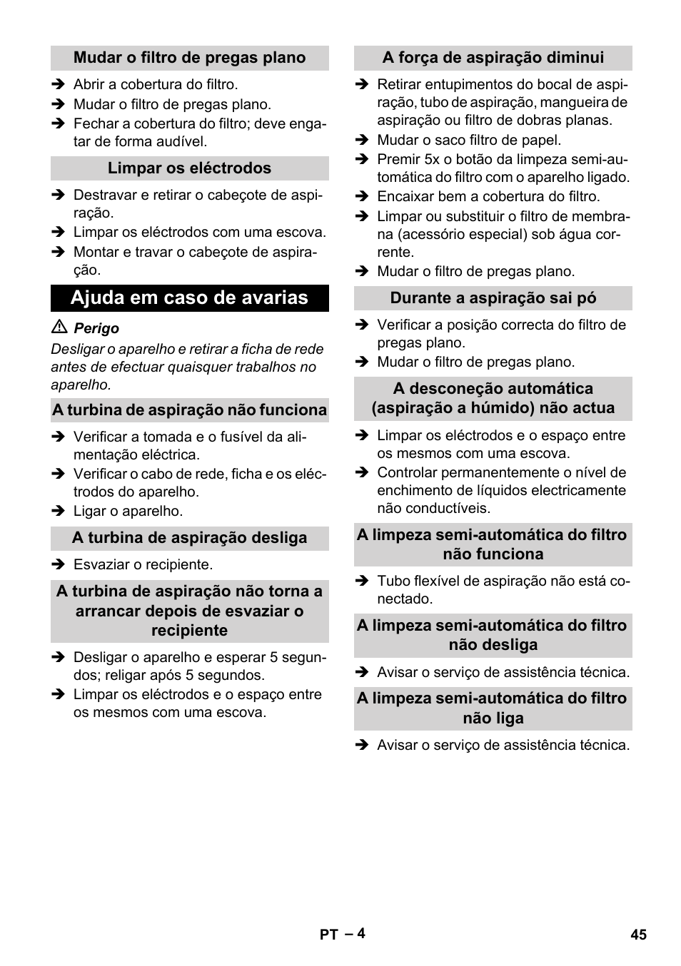 Ajuda em caso de avarias | Karcher Aspirateur eau et poussières NT 65-2 Ap Me User Manual | Page 45 / 176