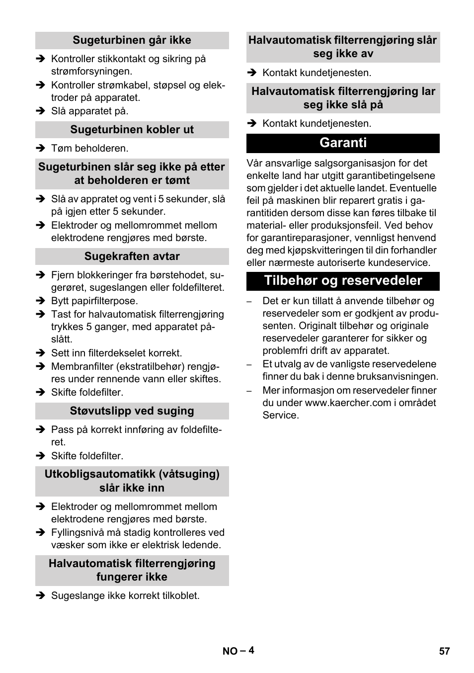 Garanti tilbehør og reservedeler | Karcher Aspirateur eau et poussières NT 65-2 Ap Me User Manual | Page 57 / 176