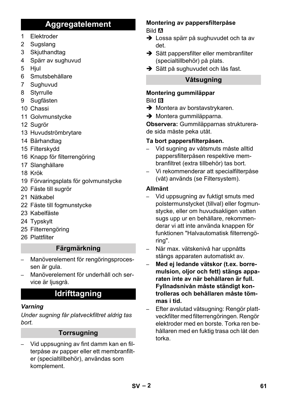 Aggregatelement, Idrifttagning | Karcher Aspirateur eau et poussières NT 65-2 Ap Me User Manual | Page 61 / 176