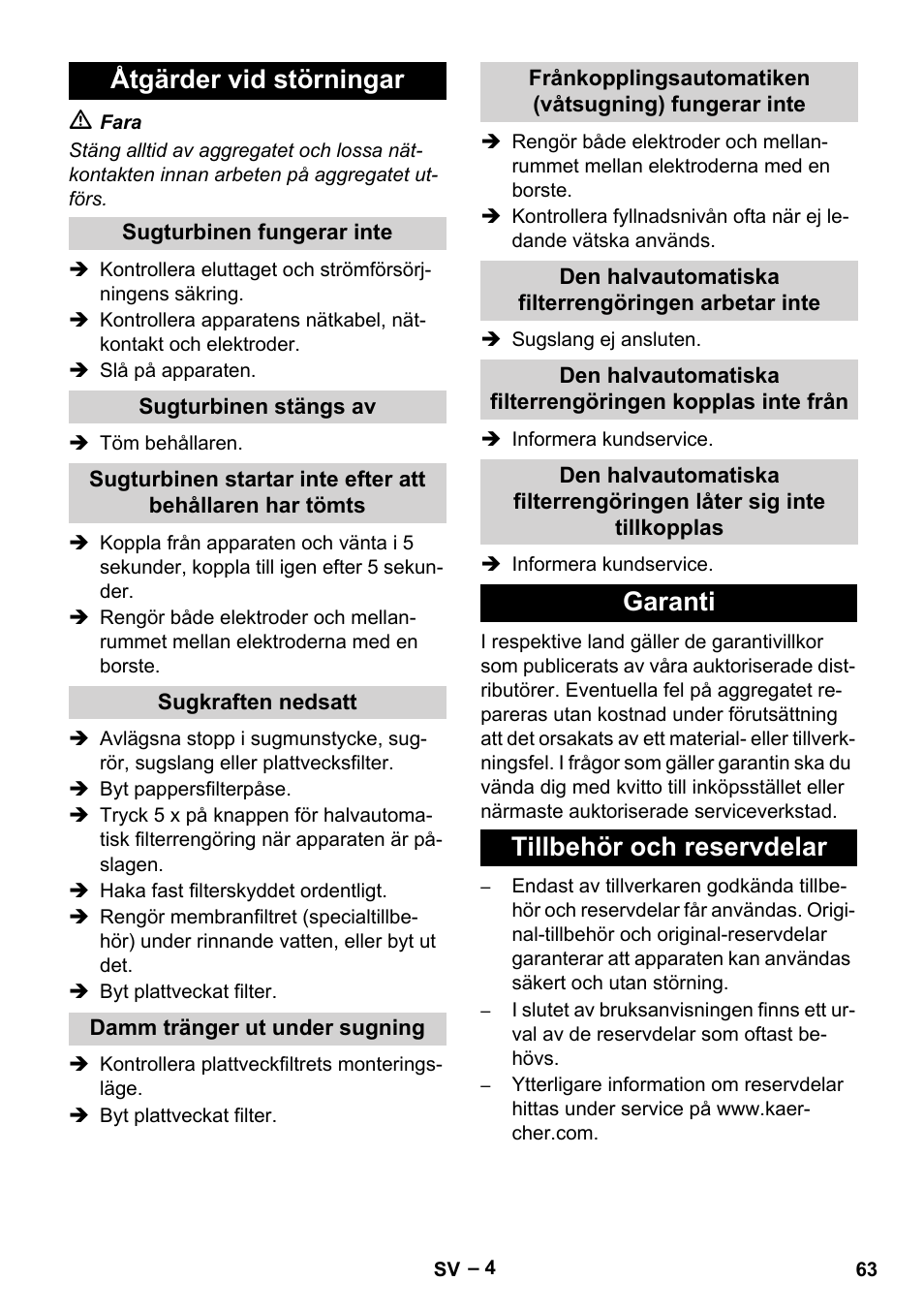 Åtgärder vid störningar, Garanti tillbehör och reservdelar | Karcher Aspirateur eau et poussières NT 65-2 Ap Me User Manual | Page 63 / 176