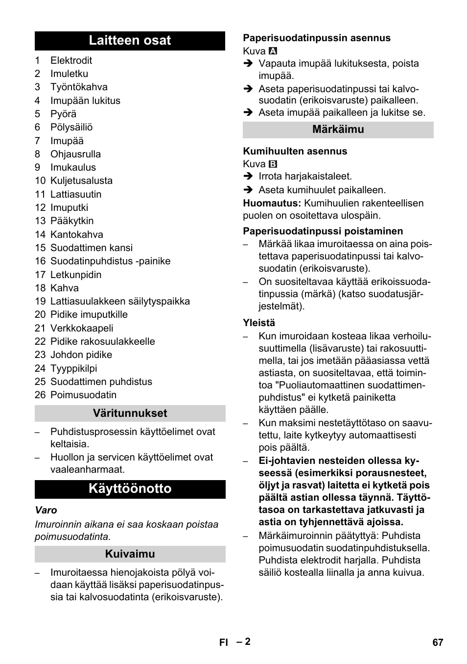 Laitteen osat, Käyttöönotto | Karcher Aspirateur eau et poussières NT 65-2 Ap Me User Manual | Page 67 / 176