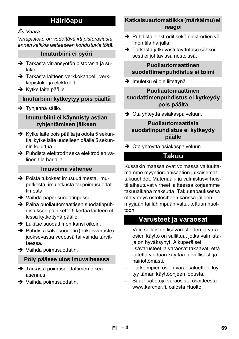 Häiriöapu, Takuu varusteet ja varaosat | Karcher Aspirateur eau et poussières NT 65-2 Ap Me User Manual | Page 69 / 176