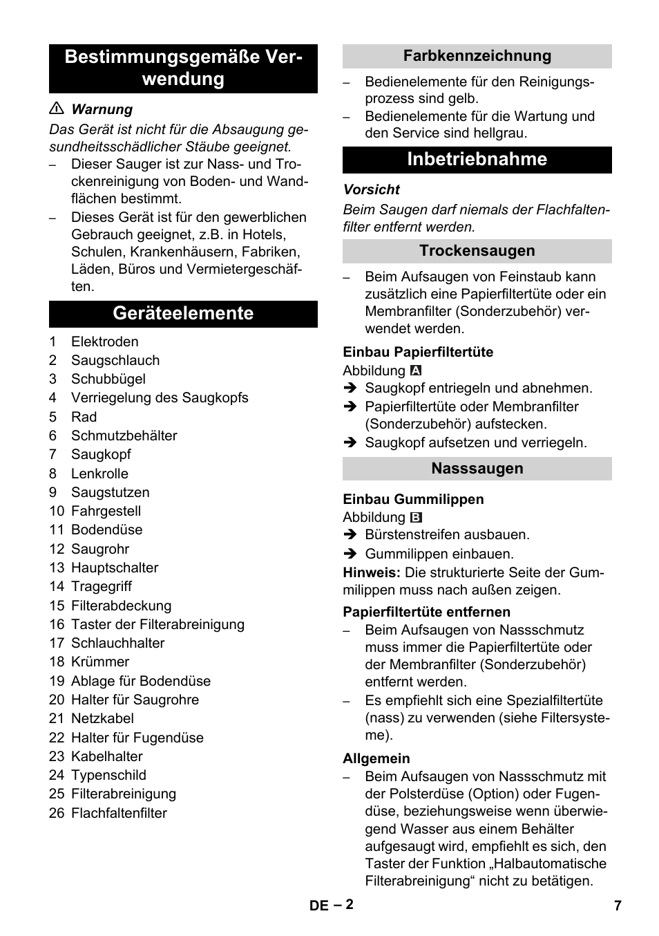 Bestimmungsgemäße ver- wendung geräteelemente, Inbetriebnahme | Karcher Aspirateur eau et poussières NT 65-2 Ap Me User Manual | Page 7 / 176