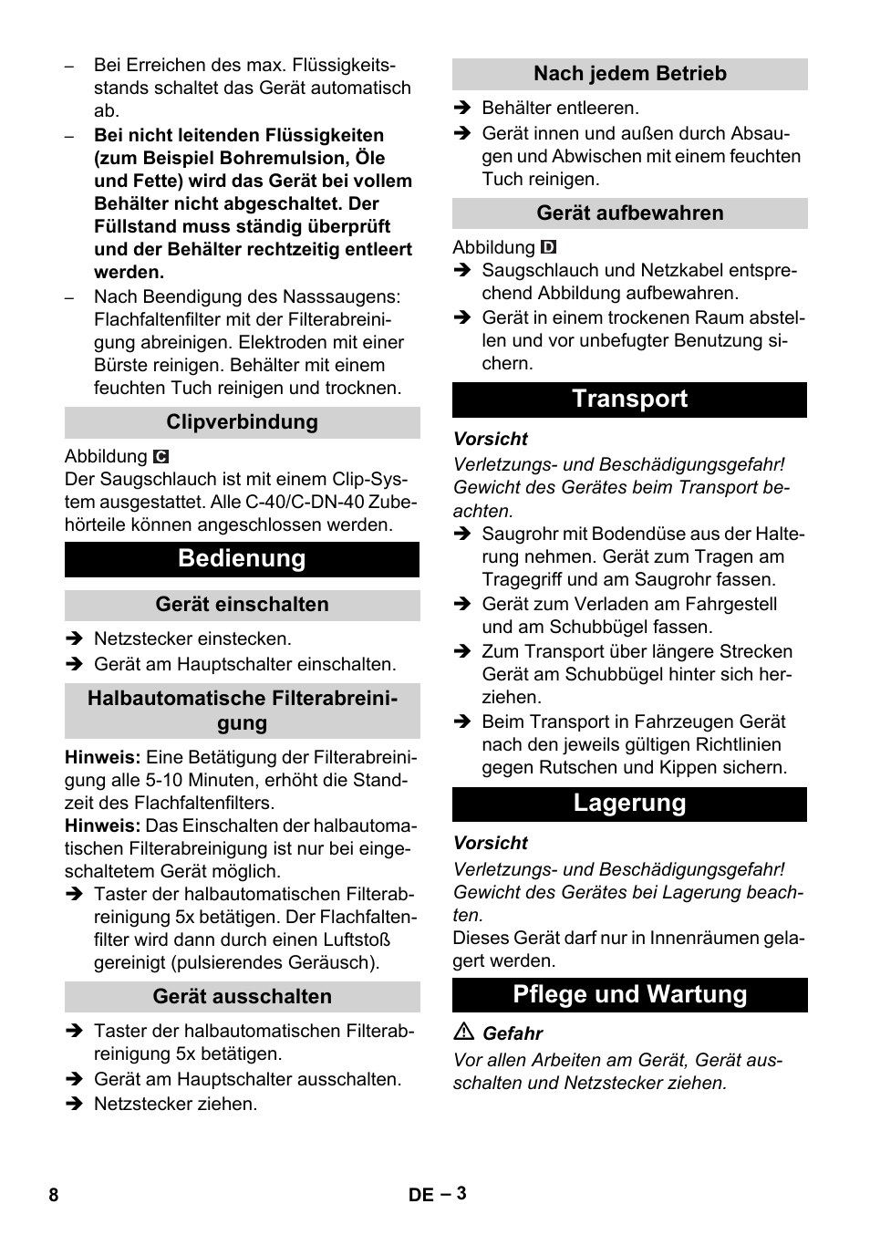 Bedienung, Transport lagerung pflege und wartung | Karcher Aspirateur eau et poussières NT 65-2 Ap Me User Manual | Page 8 / 176