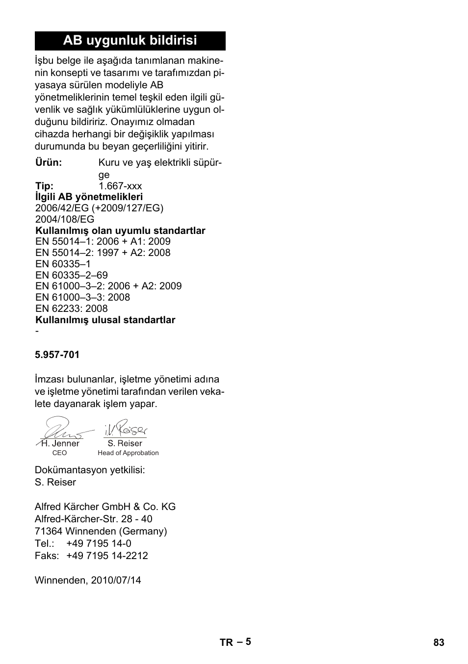 Ab uygunluk bildirisi | Karcher Aspirateur eau et poussières NT 65-2 Ap Me User Manual | Page 83 / 176